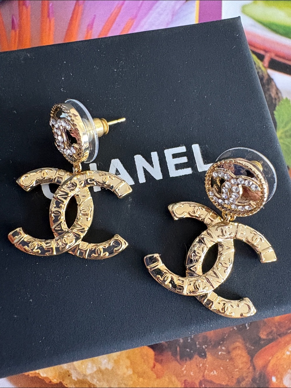 CHANEL Gold CC Drop Earrings with Crystal Accents - Gold - Picture 7 of 8